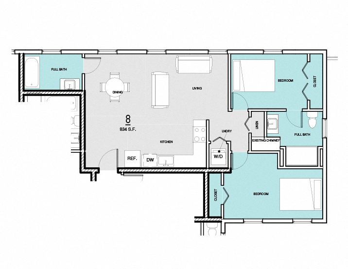 Floor plan for 2 beds, 2 baths, 834 sqft